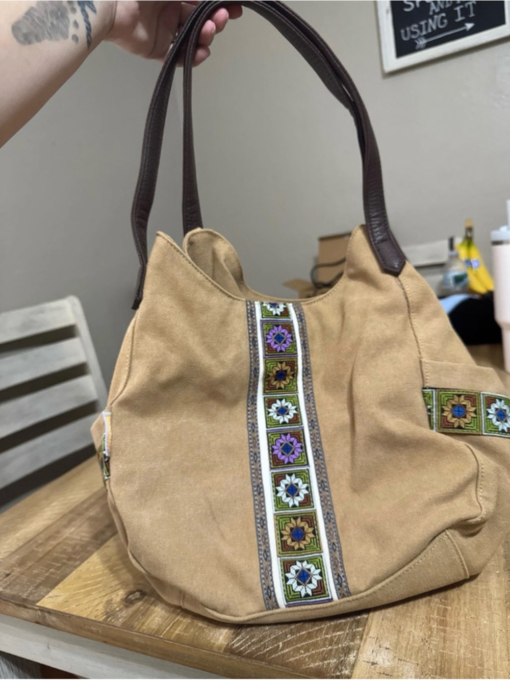 Boho Embroidered Tan Canvas Tote Bag with Brown Handles